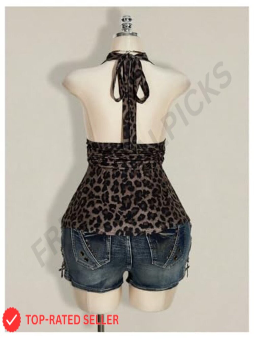 Plus Size Leopard Halter Peplum Top Ruched Ruffle Backless Party Top - Picture 2 of 4